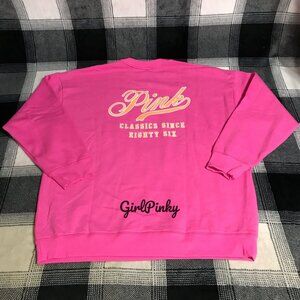 VS PINK LIMITED EDITION PINK GOSSIP CREW SWEATSHIRT WITH ORANGE ACCENTS NEW!